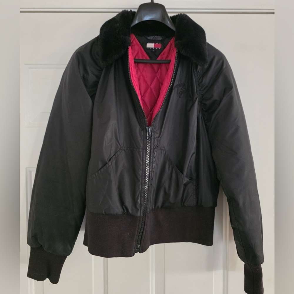 Tommy Hilfiger Black Bomber Jacket with Red Quilted Lining